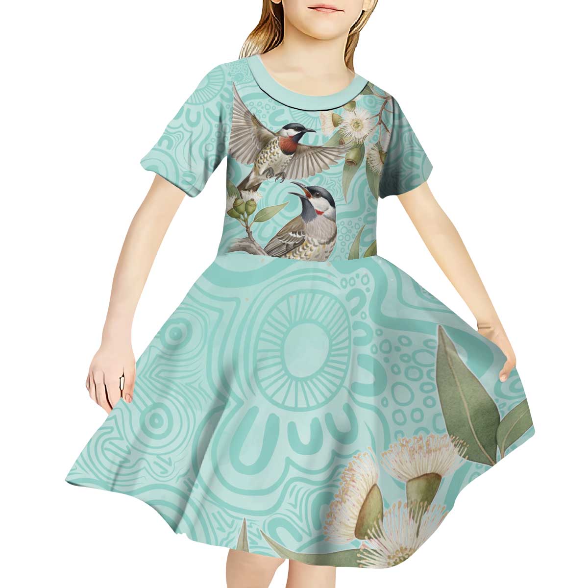 Australia Red Wattlebird Kid Short Sleeve Dress Eucalyptus Alba Indigenous Art - Aussie Hoodie