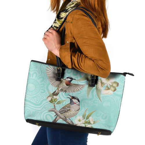 Australia Red Wattlebird Leather Tote Bag Eucalyptus Alba Indigenous Art - Aussie Hoodie