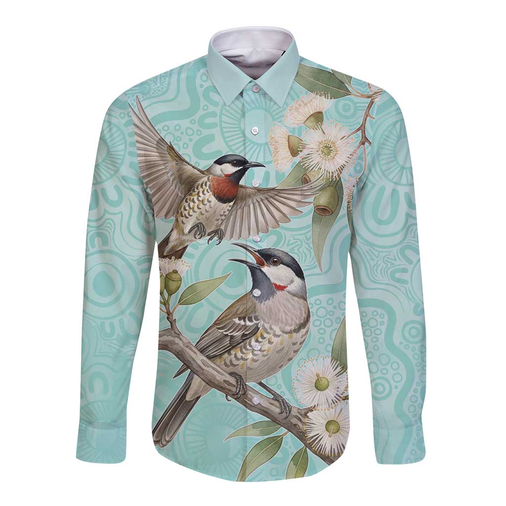 Australia Red Wattlebird Long Sleeve Button Shirt Eucalyptus Alba Indigenous Art - Aussie Hoodie