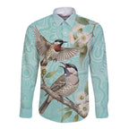 Australia Red Wattlebird Long Sleeve Button Shirt Eucalyptus Alba Indigenous Art - Aussie Hoodie