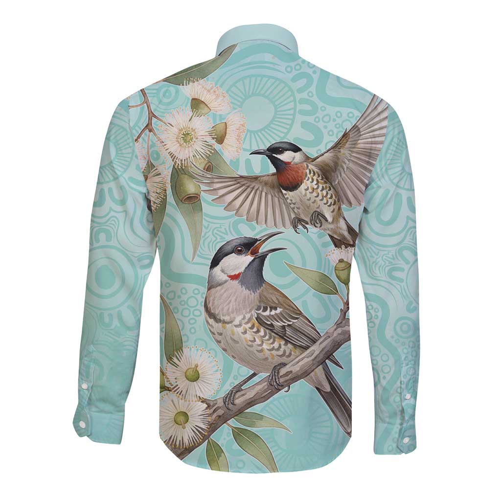 Australia Red Wattlebird Long Sleeve Button Shirt Eucalyptus Alba Indigenous Art - Aussie Hoodie