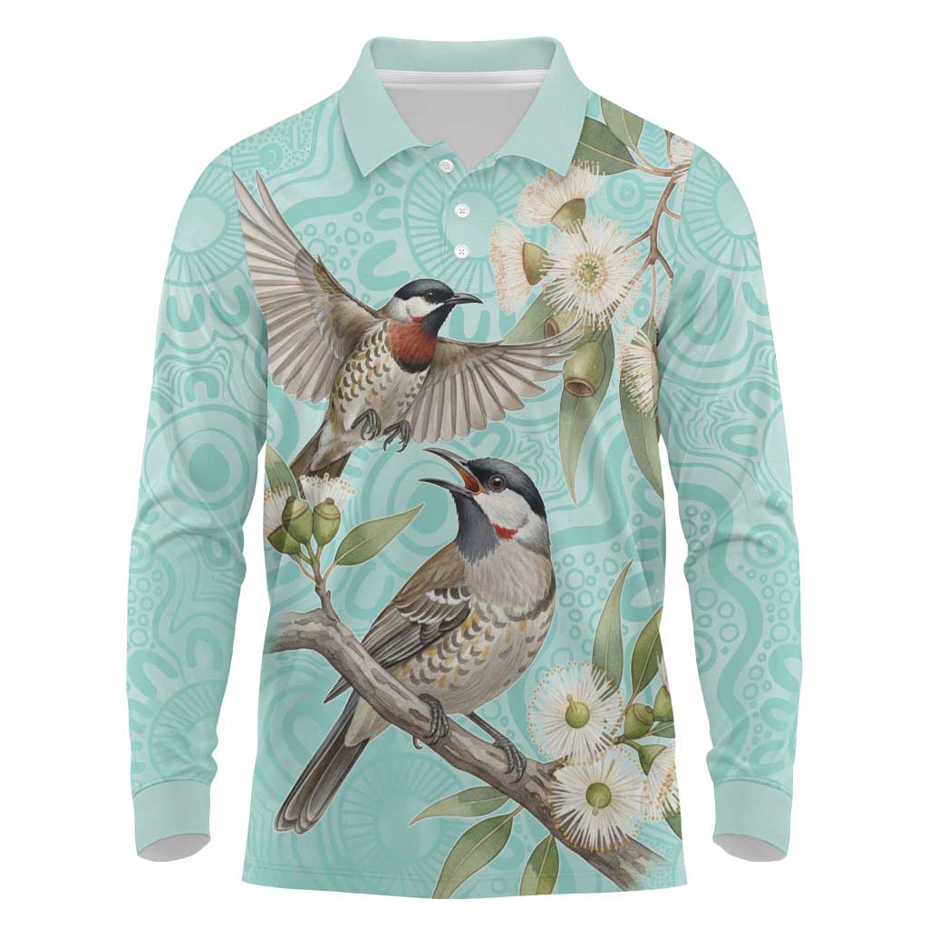 Australia Red Wattlebird Long Sleeve Polo Shirt Eucalyptus Alba Indigenous Art - Aussie Hoodie