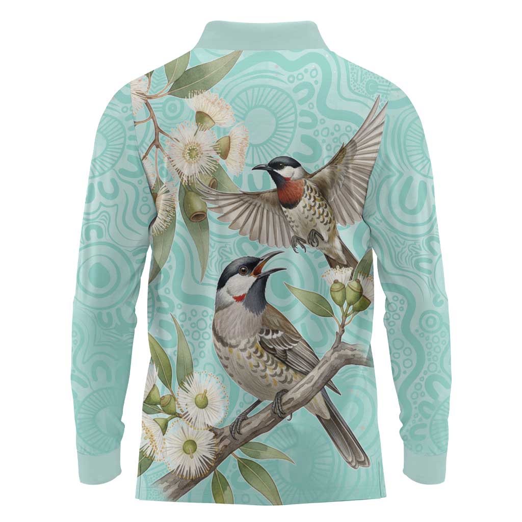 Australia Red Wattlebird Long Sleeve Polo Shirt Eucalyptus Alba Indigenous Art - Aussie Hoodie