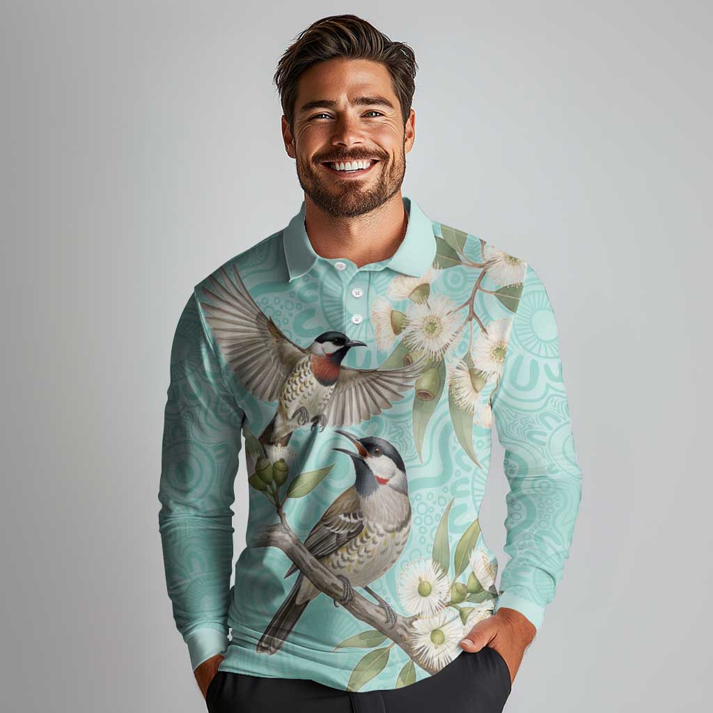 Australia Red Wattlebird Long Sleeve Polo Shirt Eucalyptus Alba Indigenous Art - Aussie Hoodie