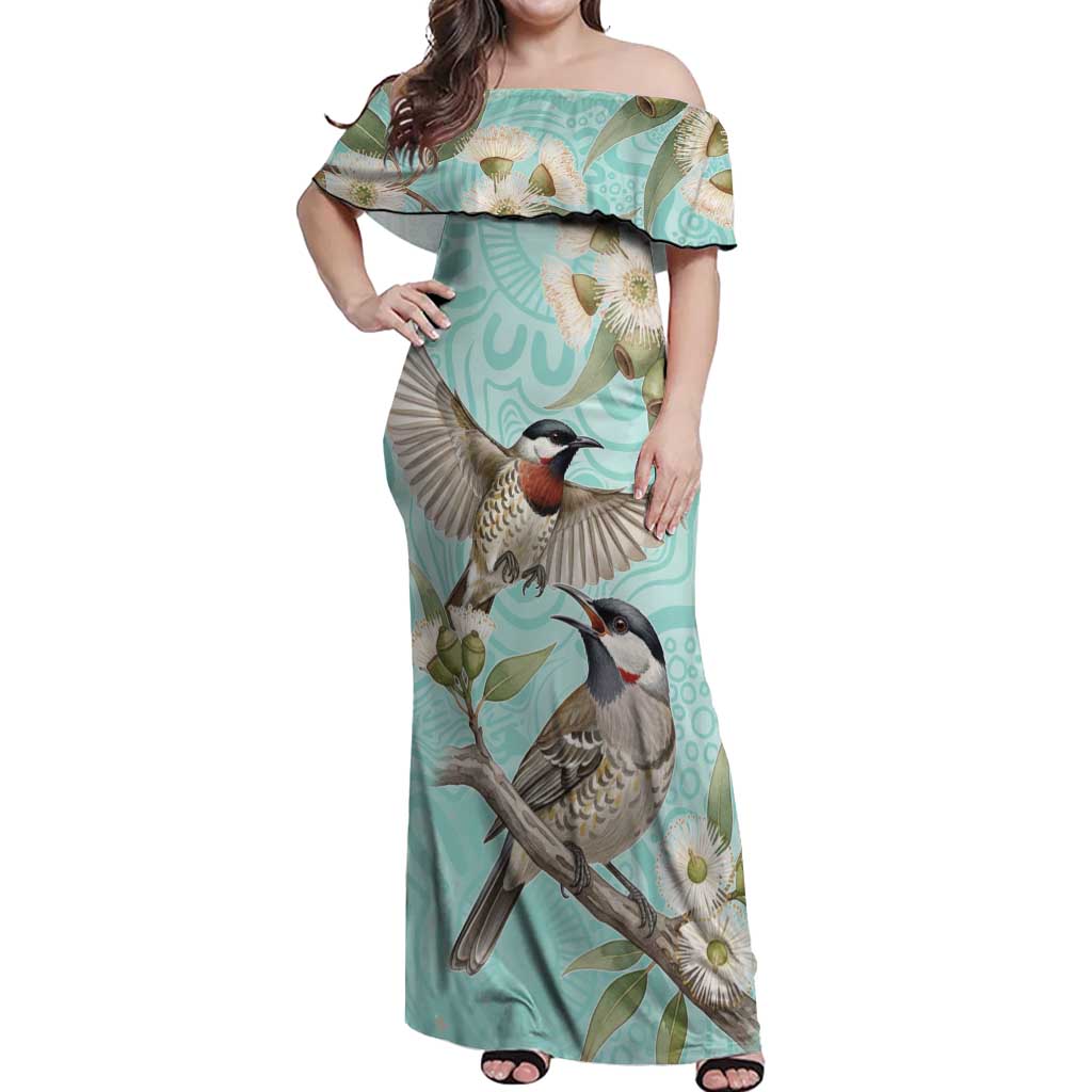 Australia Red Wattlebird Off Shoulder Maxi Dress Eucalyptus Alba Indigenous Art - Aussie Hoodie
