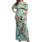 Australia Red Wattlebird Off Shoulder Maxi Dress Eucalyptus Alba Indigenous Art - Aussie Hoodie