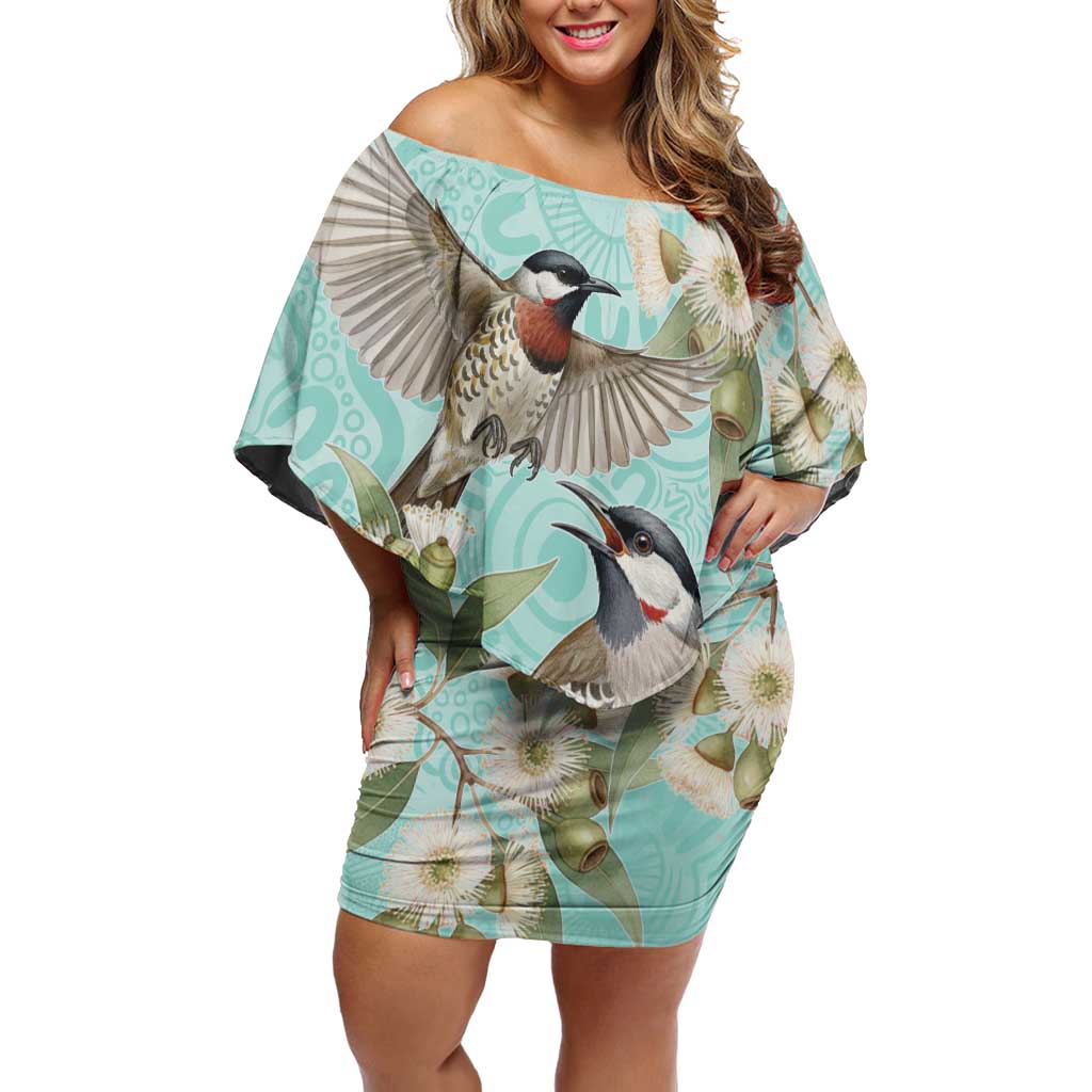 Australia Red Wattlebird Off Shoulder Short Dress Eucalyptus Alba Indigenous Art - Aussie Hoodie