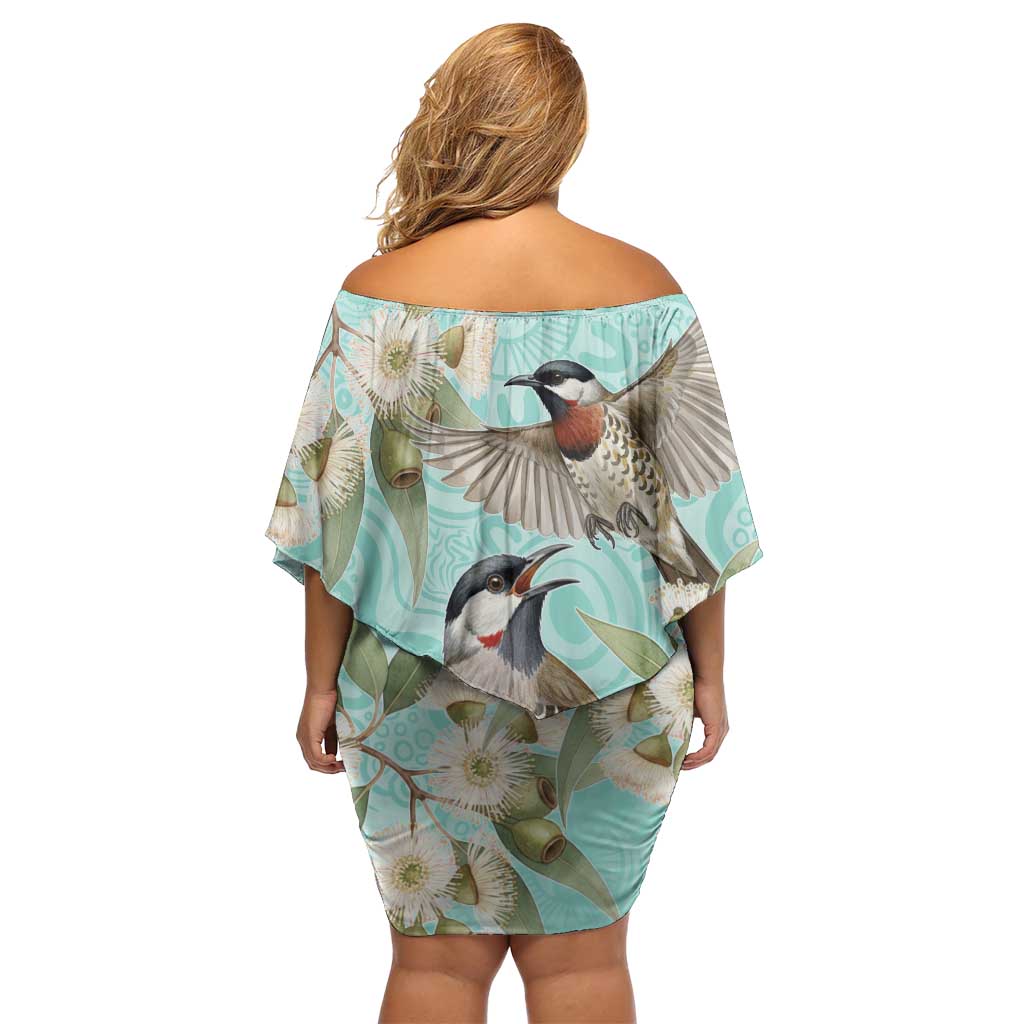 Australia Red Wattlebird Off Shoulder Short Dress Eucalyptus Alba Indigenous Art - Aussie Hoodie
