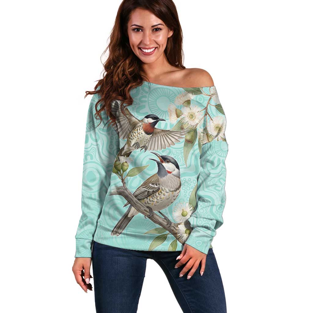 Australia Red Wattlebird Off Shoulder Sweater Eucalyptus Alba Indigenous Art - Aussie Hoodie