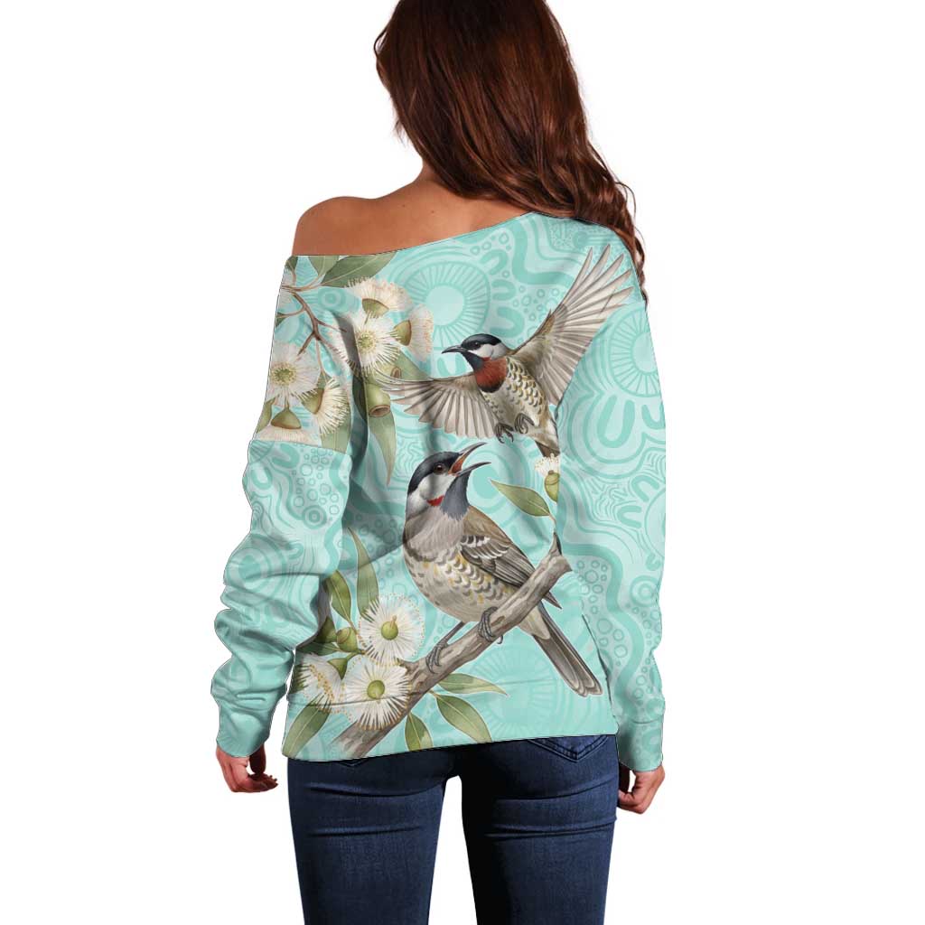 Australia Red Wattlebird Off Shoulder Sweater Eucalyptus Alba Indigenous Art - Aussie Hoodie