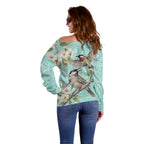 Australia Red Wattlebird Off Shoulder Sweater Eucalyptus Alba Indigenous Art - Aussie Hoodie