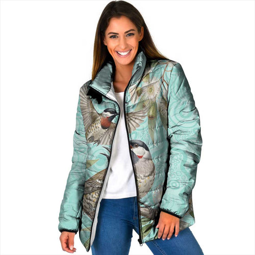 Australia Red Wattlebird Padded Jacket Eucalyptus Alba Indigenous Art - Aussie Hoodie