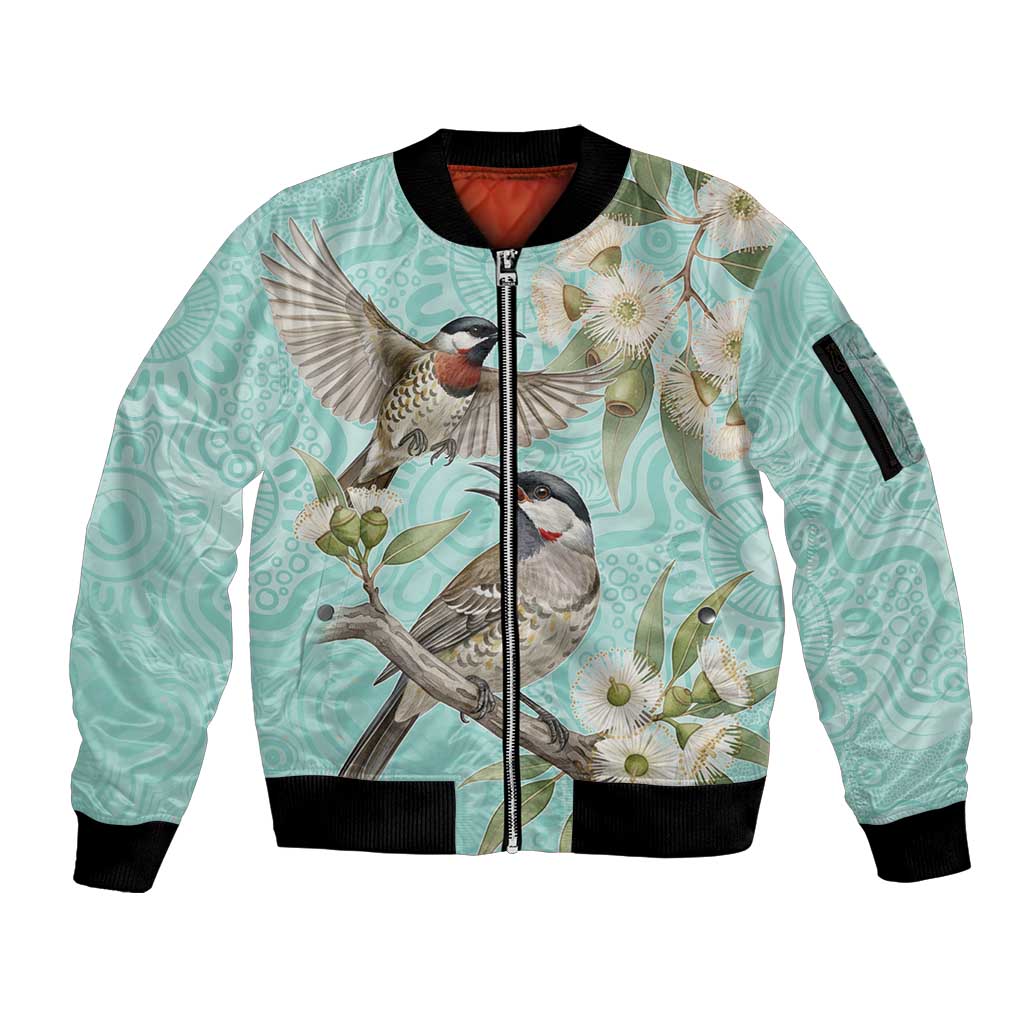 Australia Red Wattlebird Sleeve Zip Bomber Jacket Eucalyptus Alba Indigenous Art - Aussie Hoodie