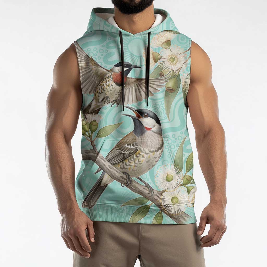 Australia Red Wattlebird Sleeveless Hoodie Eucalyptus Alba Indigenous Art - Aussie Hoodie