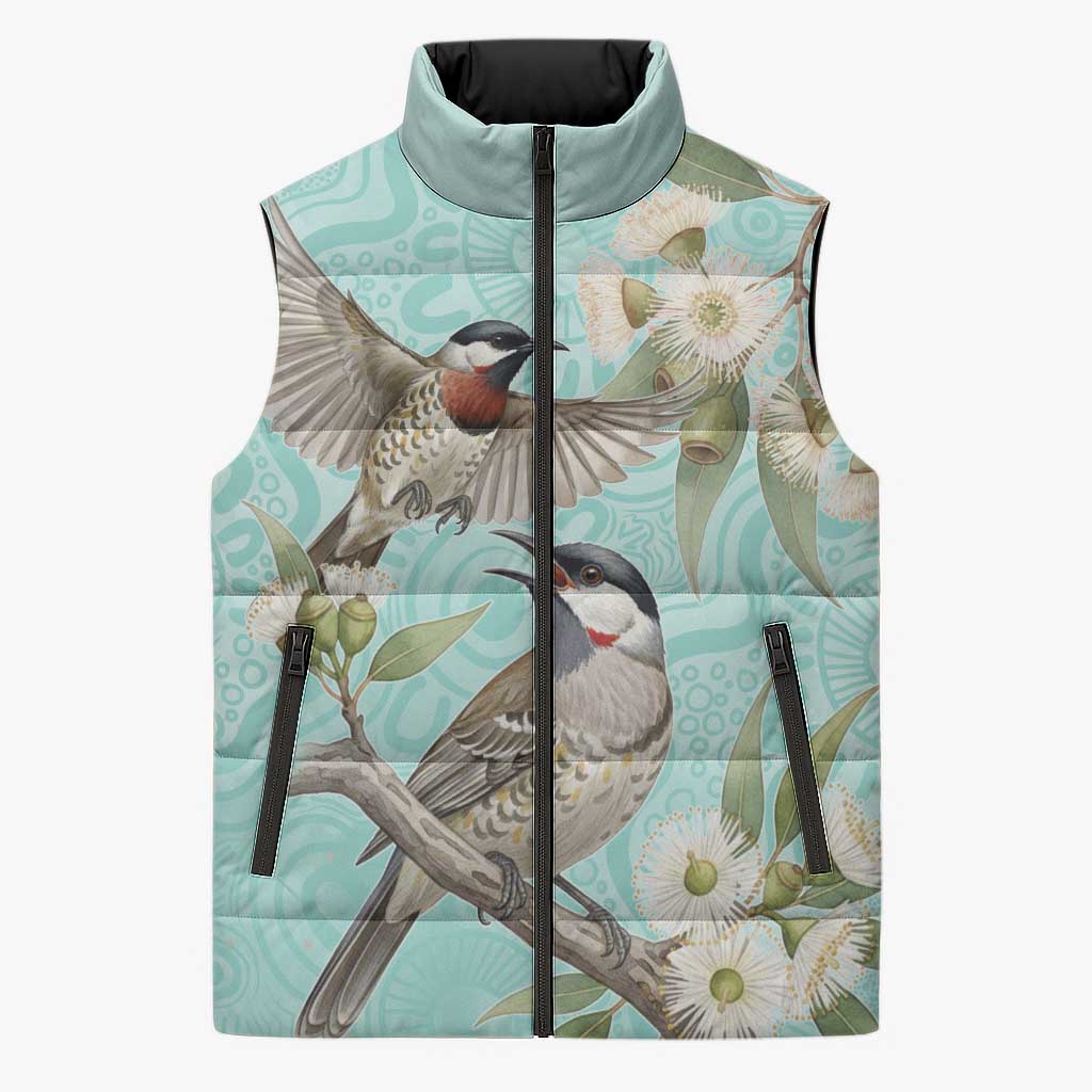 Australia Red Wattlebird Sleeveless Puffer Jacket Eucalyptus Alba Indigenous Art - Aussie Hoodie