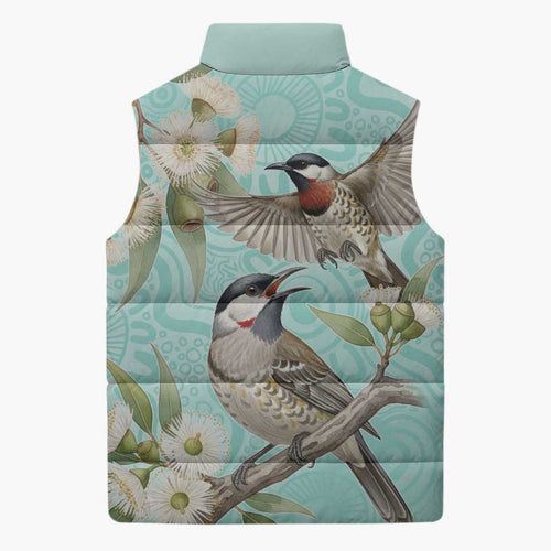 Australia Red Wattlebird Sleeveless Puffer Jacket Eucalyptus Alba Indigenous Art - Aussie Hoodie