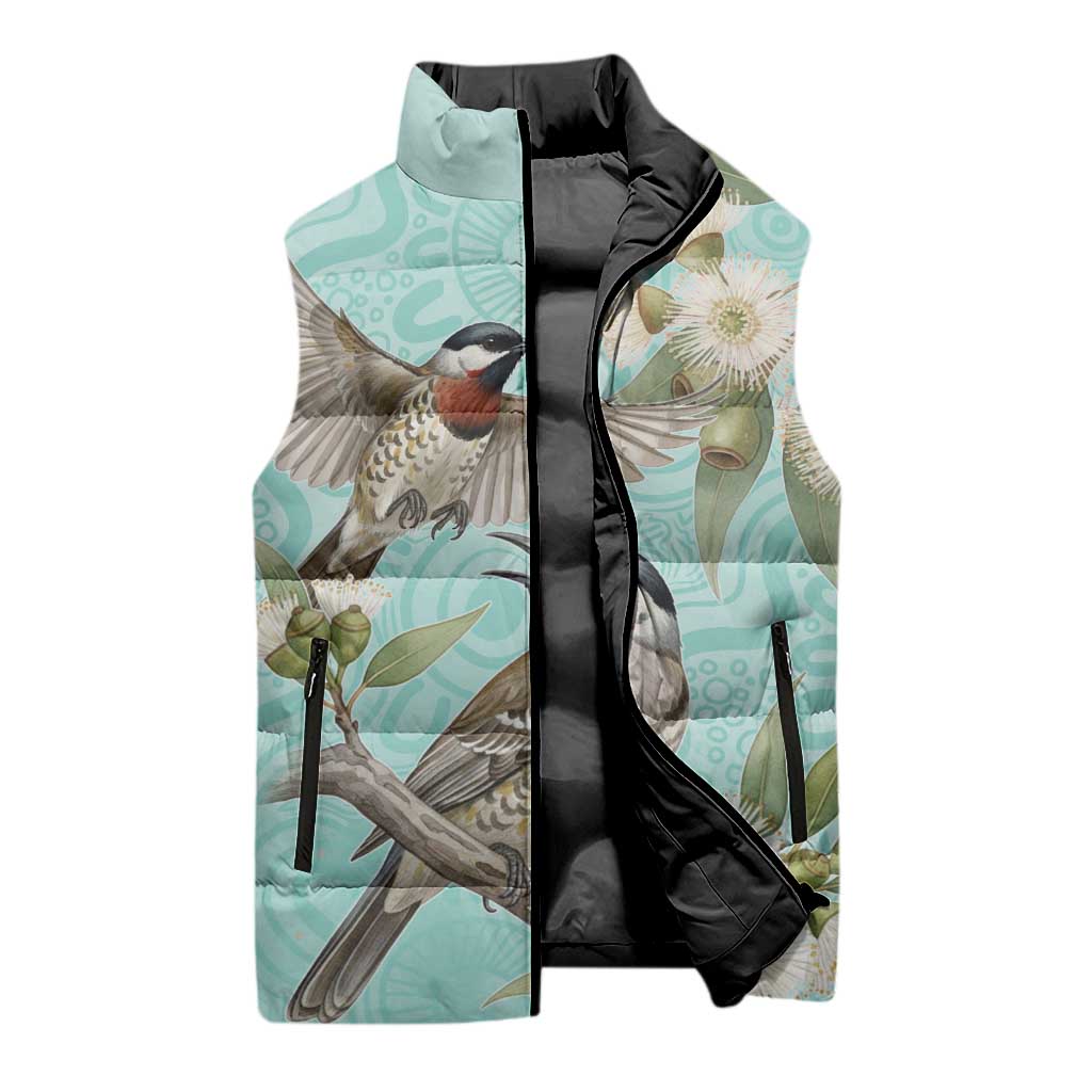 Australia Red Wattlebird Sleeveless Puffer Jacket Eucalyptus Alba Indigenous Art - Aussie Hoodie