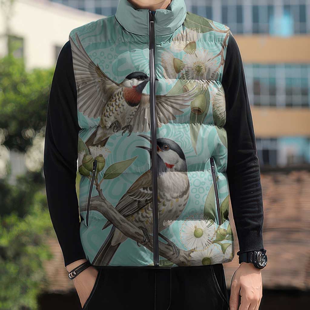 Australia Red Wattlebird Sleeveless Puffer Jacket Eucalyptus Alba Indigenous Art - Aussie Hoodie