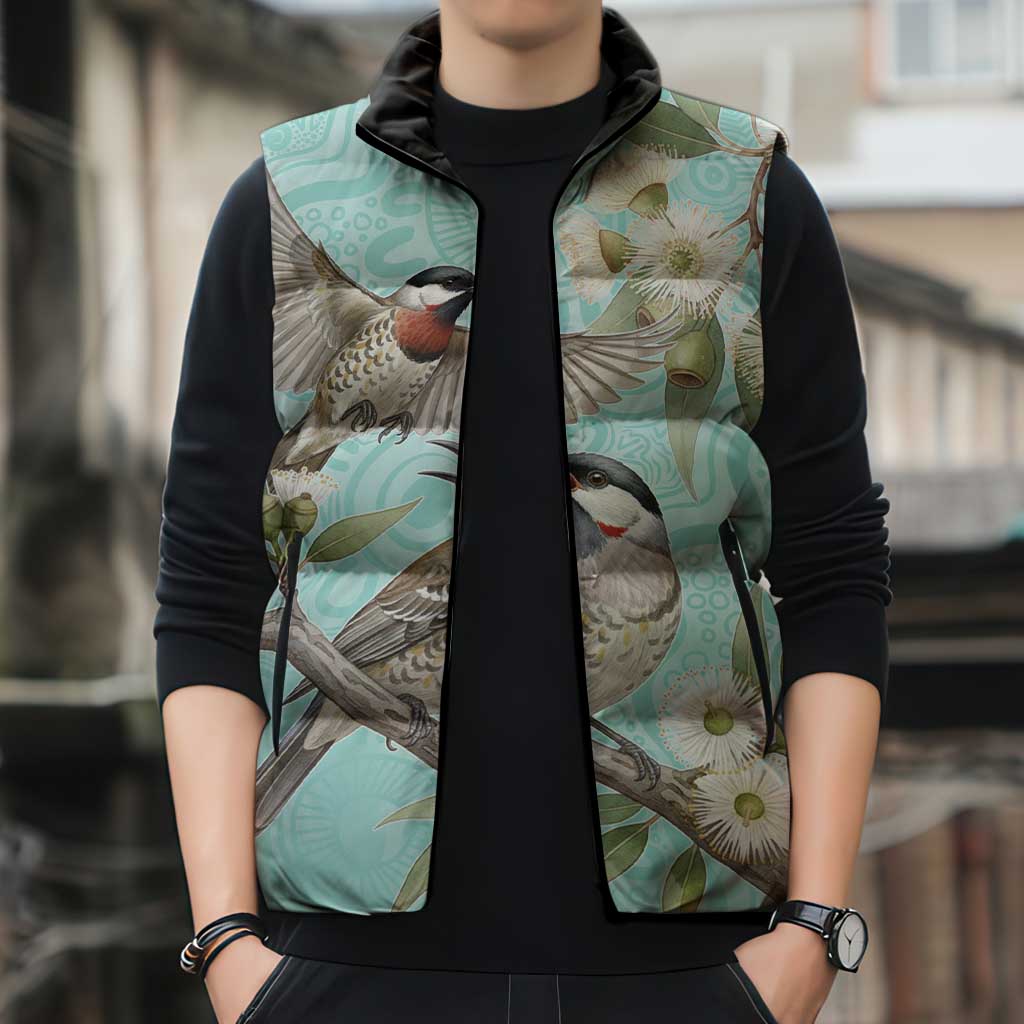 Australia Red Wattlebird Sleeveless Puffer Jacket Eucalyptus Alba Indigenous Art - Aussie Hoodie