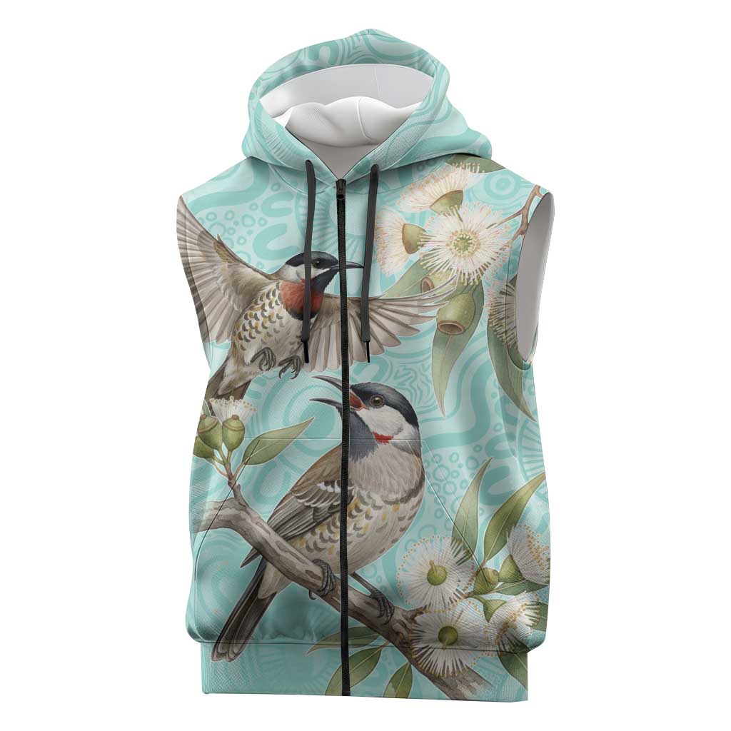 Australia Red Wattlebird Sleeveless Zip Hoodie Eucalyptus Alba Indigenous Art - Aussie Hoodie