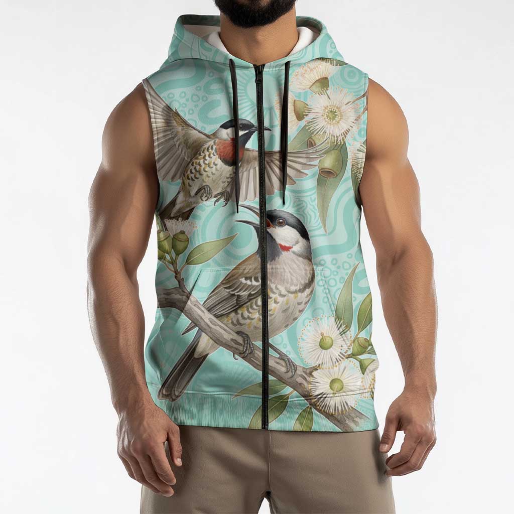 Australia Red Wattlebird Sleeveless Zip Hoodie Eucalyptus Alba Indigenous Art - Aussie Hoodie