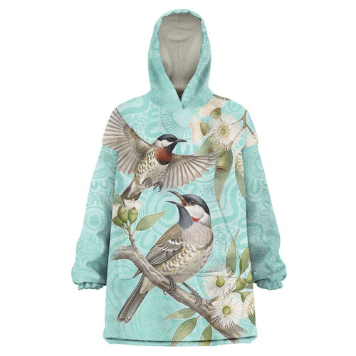 Australia Red Wattlebird Wearable Blanket Hoodie Eucalyptus Alba Indigenous Art - Aussie Hoodie