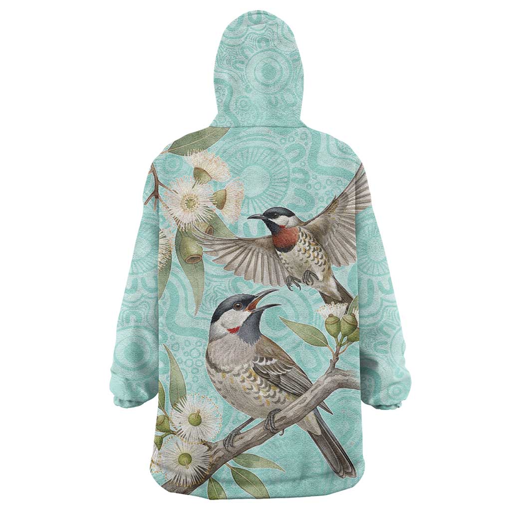 Australia Red Wattlebird Wearable Blanket Hoodie Eucalyptus Alba Indigenous Art - Aussie Hoodie