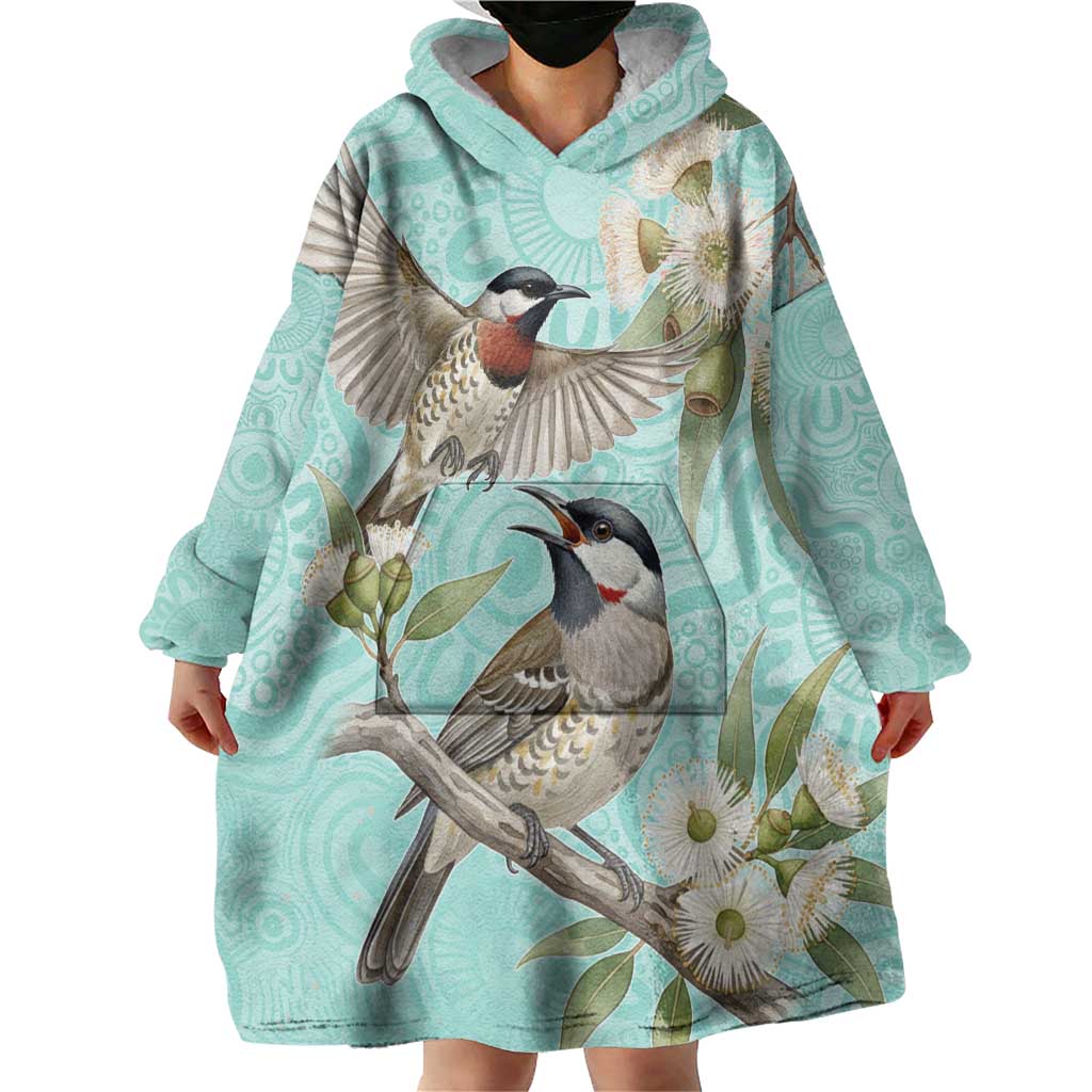 Australia Red Wattlebird Wearable Blanket Hoodie Eucalyptus Alba Indigenous Art - Aussie Hoodie