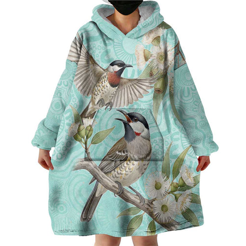 Australia Red Wattlebird Wearable Blanket Hoodie Eucalyptus Alba Indigenous Art - Aussie Hoodie