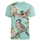 Australia Red Wattlebird Women V-Neck T-Shirt Eucalyptus Alba Indigenous Art - Aussie Hoodie