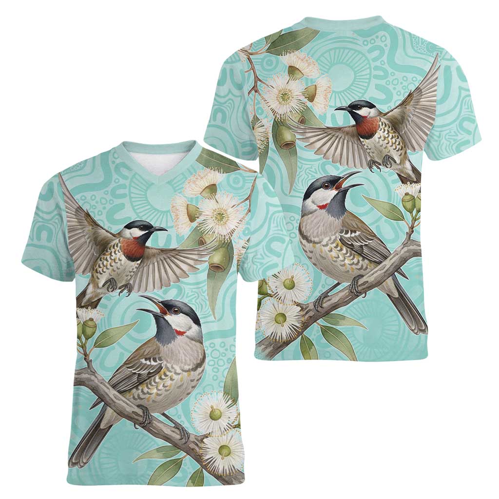 Australia Red Wattlebird Women V-Neck T-Shirt Eucalyptus Alba Indigenous Art - Aussie Hoodie