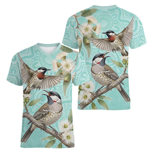 Australia Red Wattlebird Women V-Neck T-Shirt Eucalyptus Alba Indigenous Art - Aussie Hoodie
