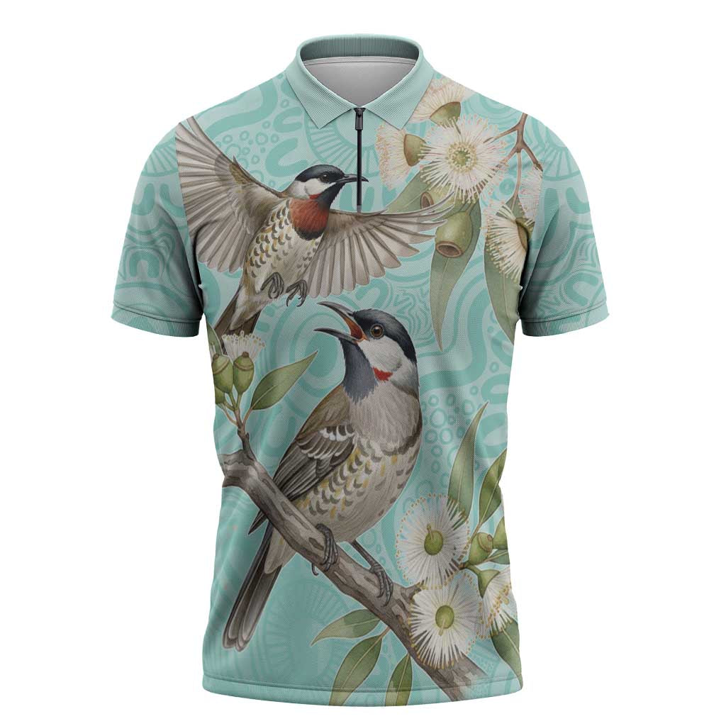 Australia Red Wattlebird Zipper Polo Shirt Eucalyptus Alba Indigenous Art - Aussie Hoodie