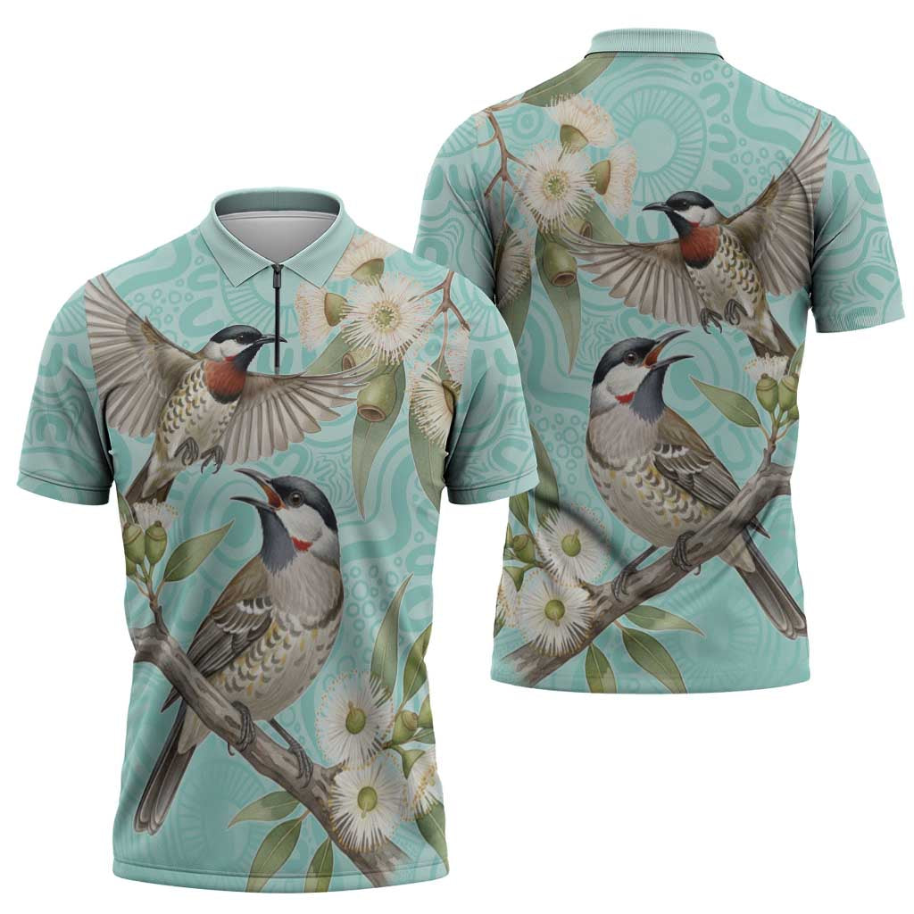 Australia Red Wattlebird Zipper Polo Shirt Eucalyptus Alba Indigenous Art - Aussie Hoodie