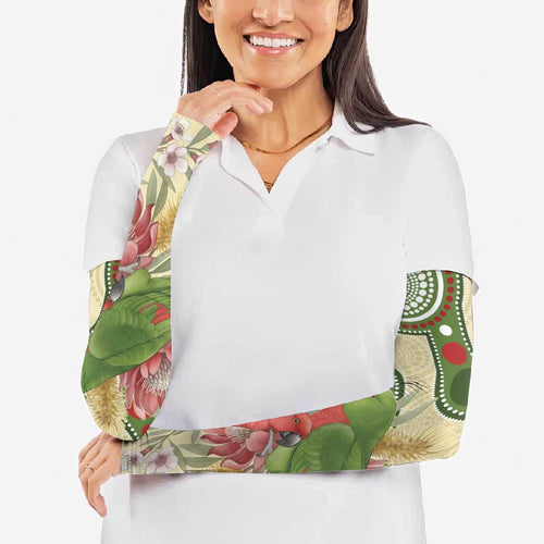 Australia Moluccan Eclectus Arm Sleeves Australian Native Flowers Indigenous Art - Aussie Hoodie