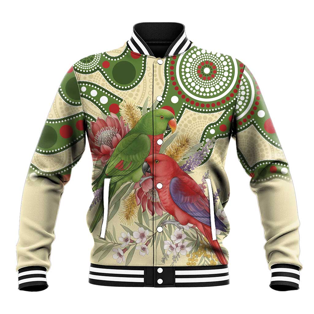 Australia Moluccan Eclectus Baseball Jacket Australian Native Flowers Indigenous Art - Aussie Hoodie