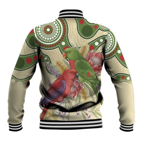Australia Moluccan Eclectus Baseball Jacket Australian Native Flowers Indigenous Art - Aussie Hoodie