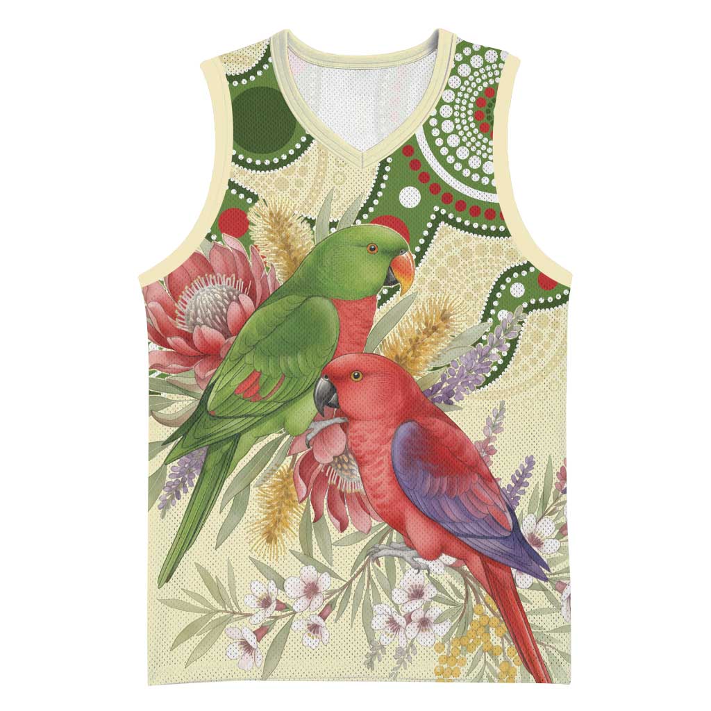 Australia Moluccan Eclectus Basketball Jersey Australian Native Flowers Indigenous Art - Aussie Hoodie