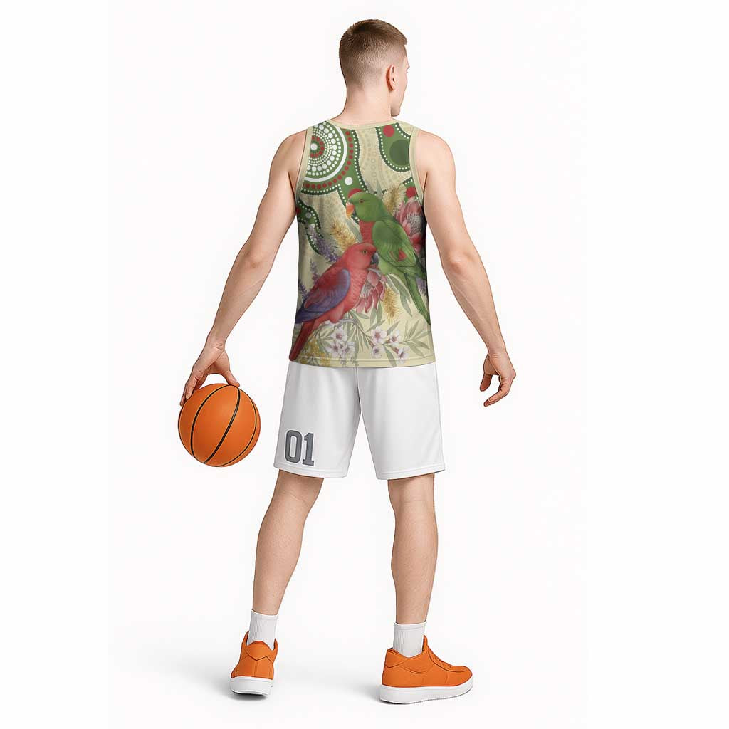 Australia Moluccan Eclectus Basketball Jersey Australian Native Flowers Indigenous Art - Aussie Hoodie