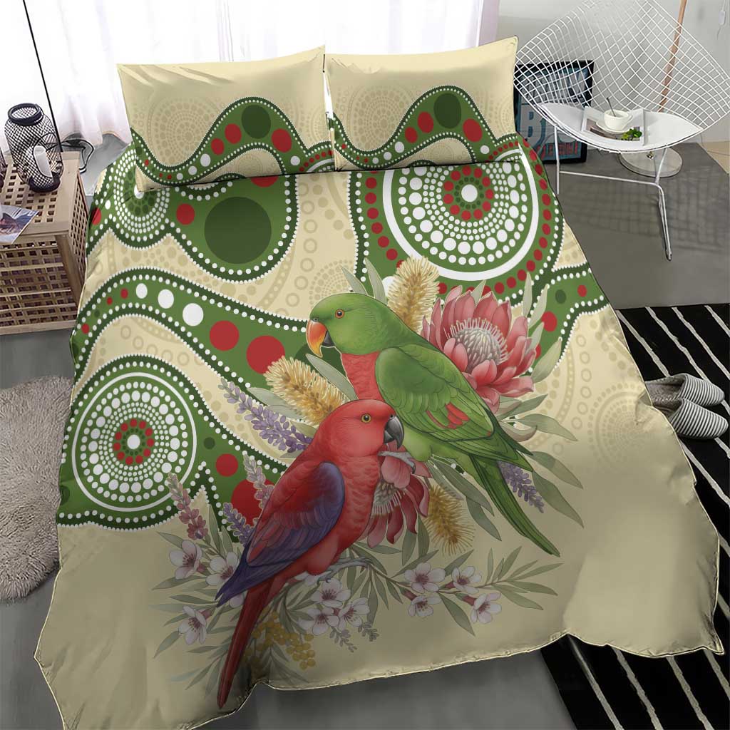Australia Moluccan Eclectus Bedding Set Australian Native Flowers Indigenous Art - Aussie Hoodie