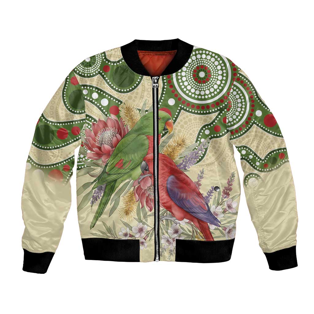 Australia Moluccan Eclectus Bomber Jacket Australian Native Flowers Indigenous Art - Aussie Hoodie