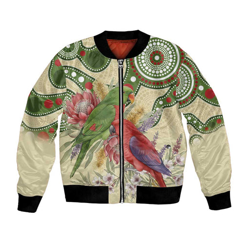 Australia Moluccan Eclectus Bomber Jacket Australian Native Flowers Indigenous Art - Aussie Hoodie