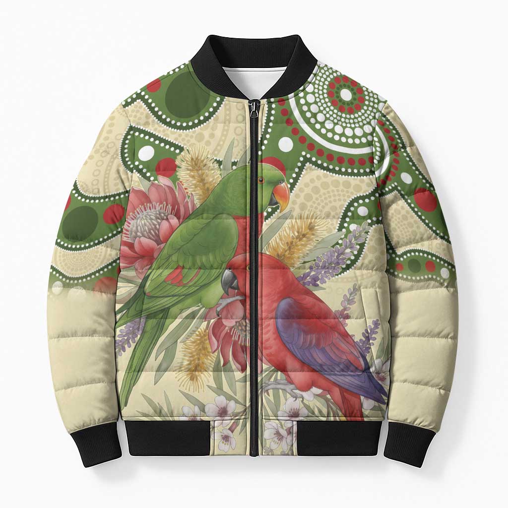 Australia Moluccan Eclectus Bomber Puffer Jacket Australian Native Flowers Indigenous Art - Aussie Hoodie