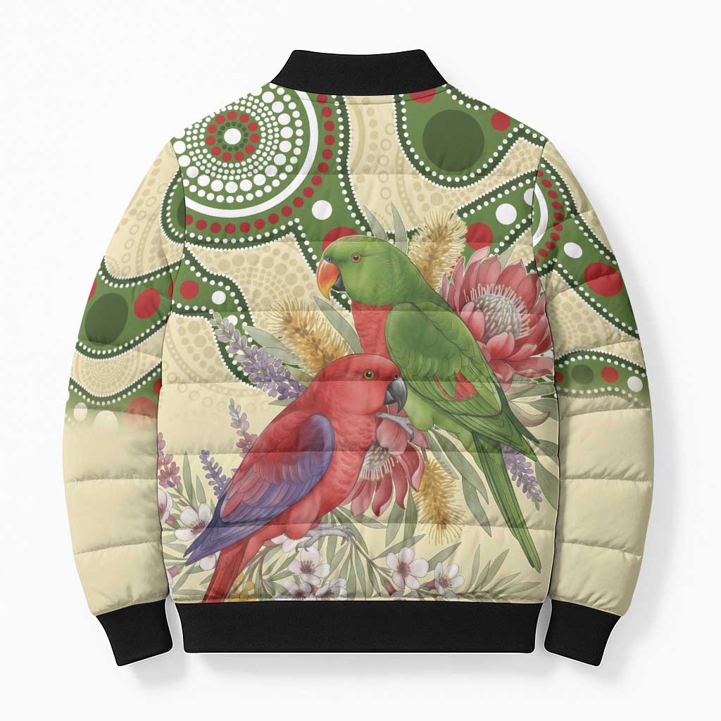 Australia Moluccan Eclectus Bomber Puffer Jacket Australian Native Flowers Indigenous Art - Aussie Hoodie