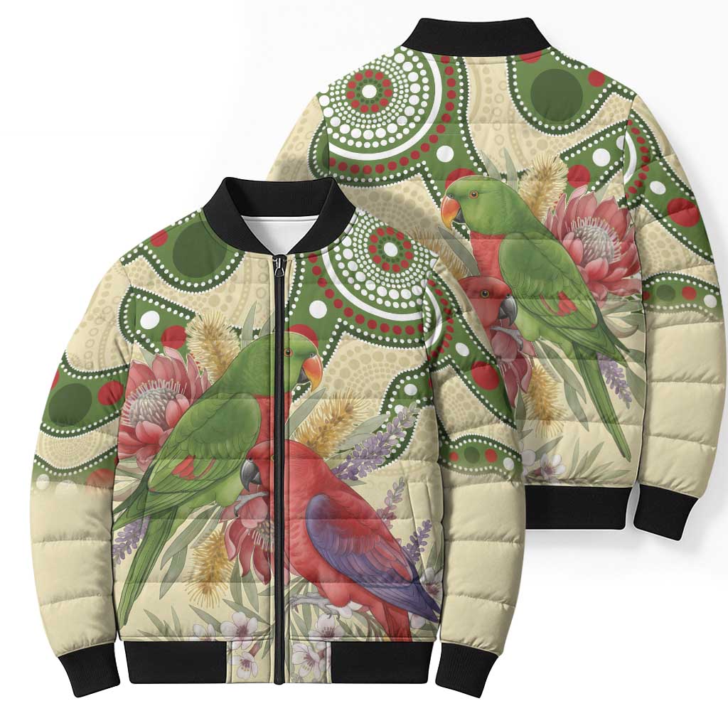 Australia Moluccan Eclectus Bomber Puffer Jacket Australian Native Flowers Indigenous Art - Aussie Hoodie