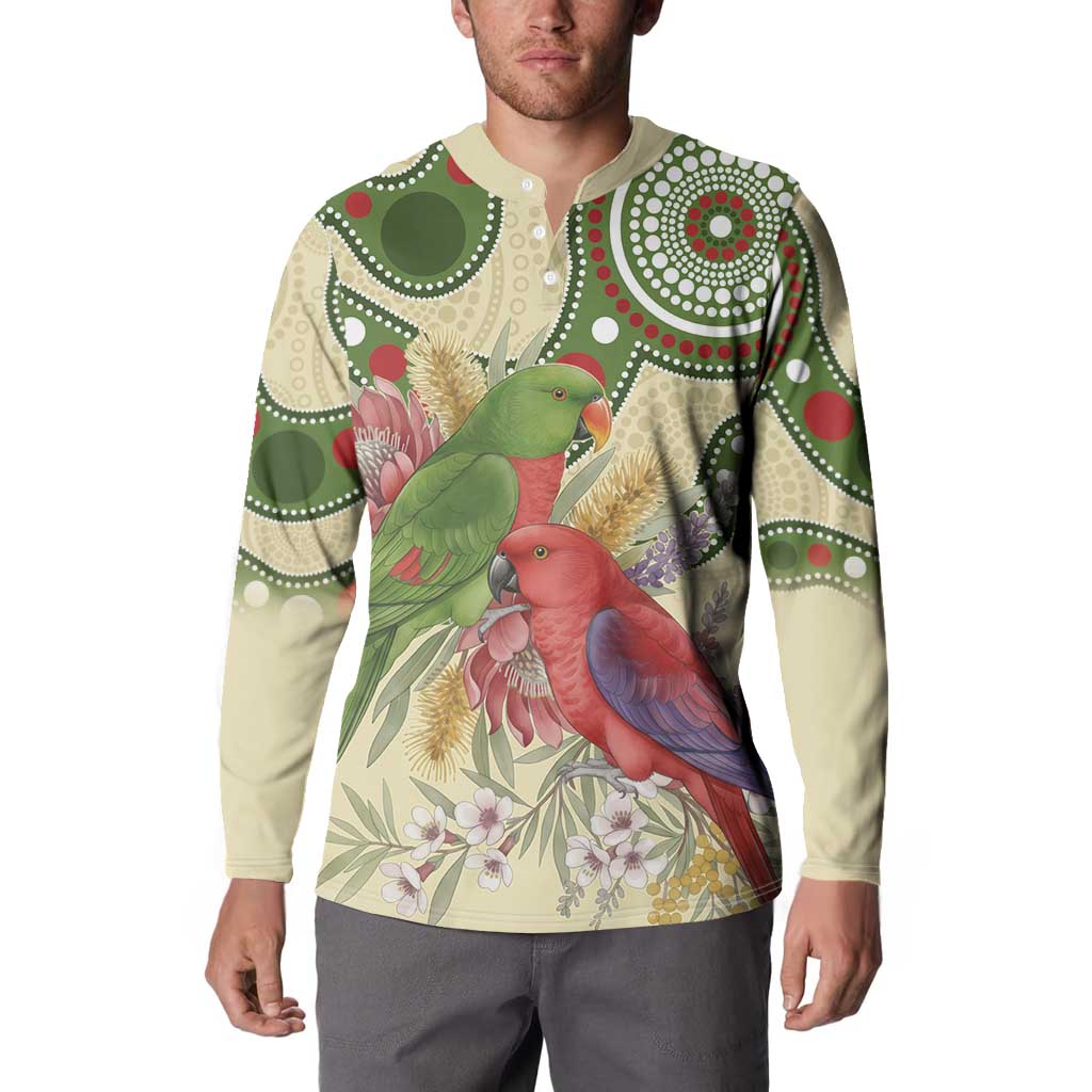 Australia Moluccan Eclectus Button Sweatshirt Australian Native Flowers Indigenous Art - Aussie Hoodie