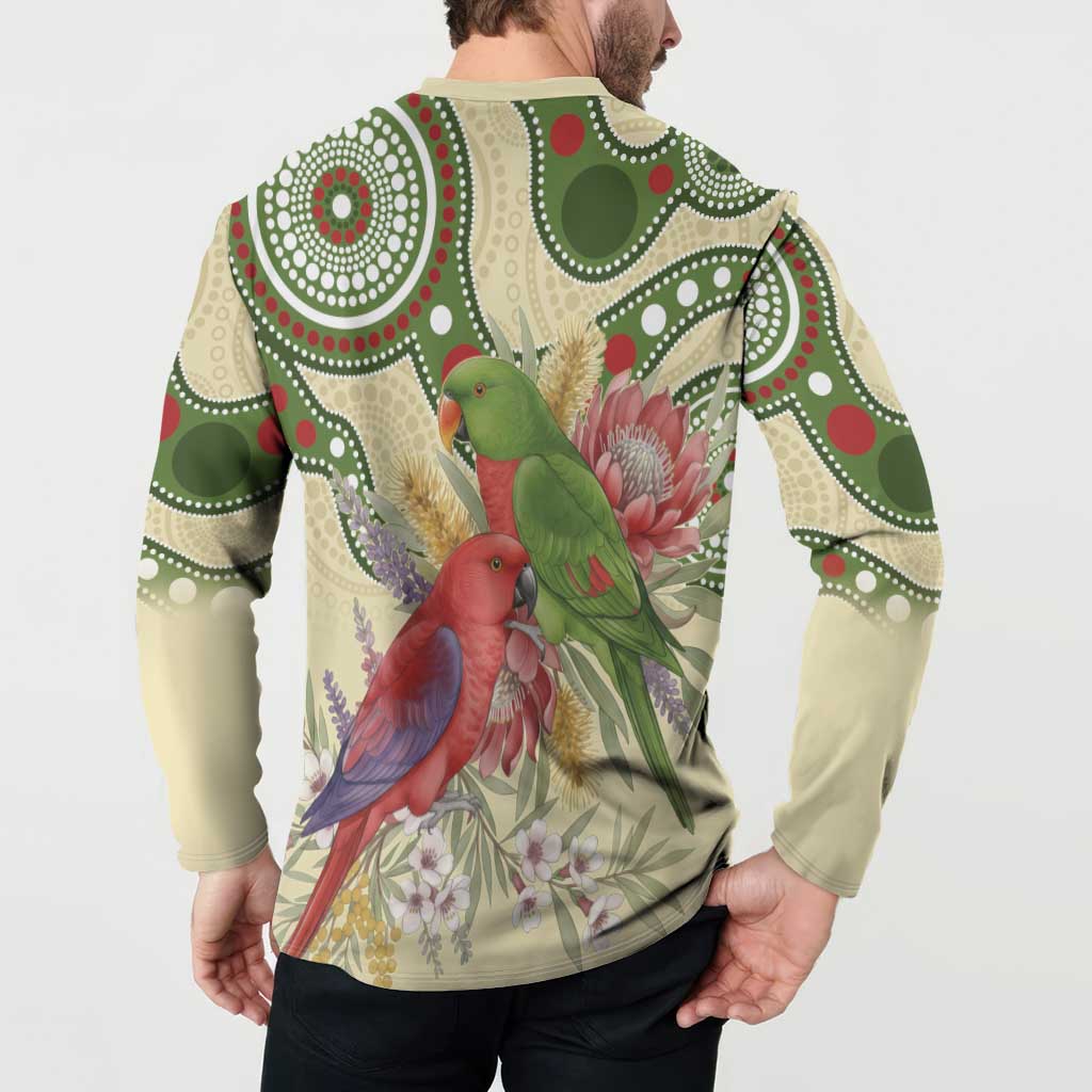Australia Moluccan Eclectus Button Sweatshirt Australian Native Flowers Indigenous Art - Aussie Hoodie