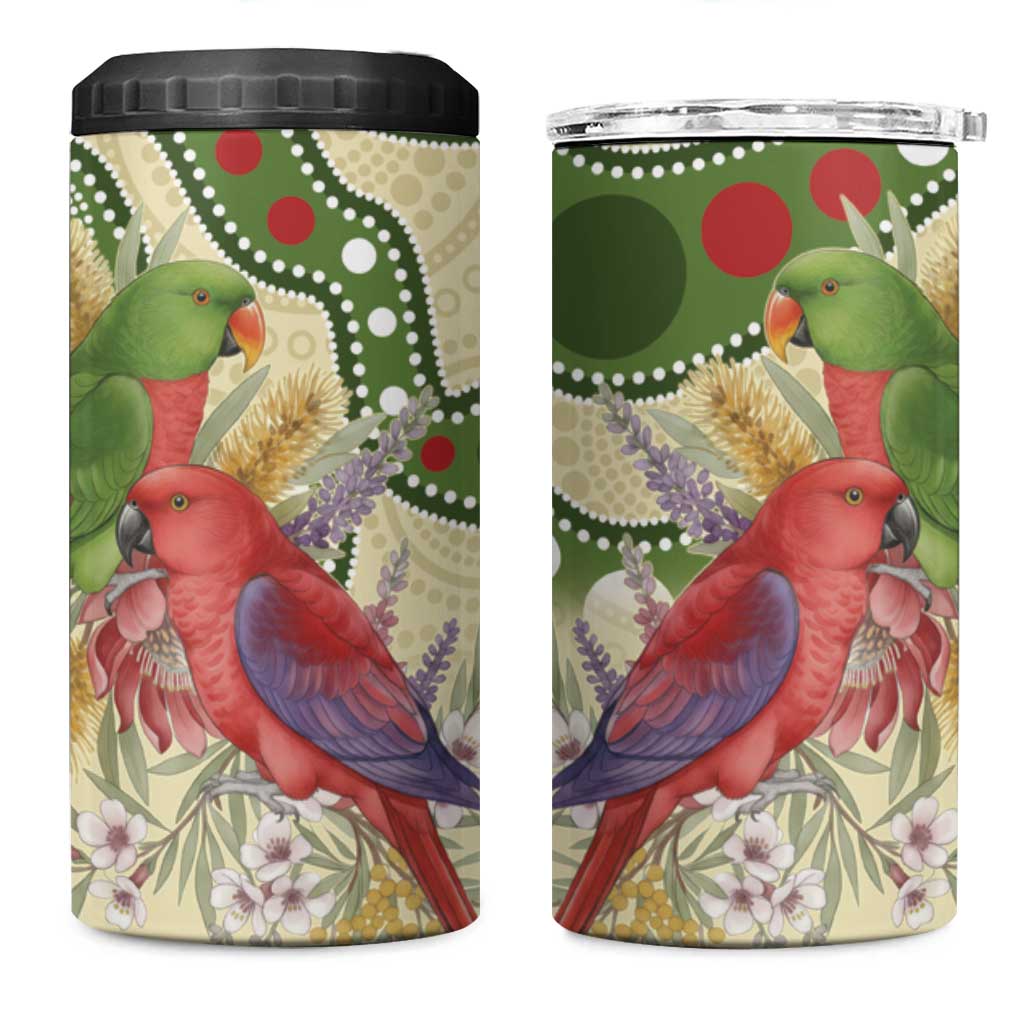 Australia Moluccan Eclectus 4 in 1 Can Cooler Tumbler Australian Native Flowers Indigenous Art - Aussie Hoodie