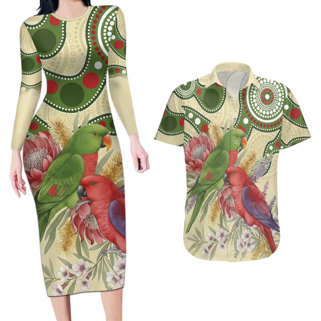 Australia Moluccan Eclectus Couples Matching Long Sleeve Bodycon Dress and Hawaiian Shirt Australian Native Flowers Indigenous Art - Aussie Hoodie