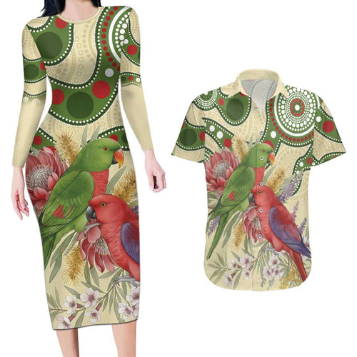 Australia Moluccan Eclectus Couples Matching Long Sleeve Bodycon Dress and Hawaiian Shirt Australian Native Flowers Indigenous Art - Aussie Hoodie